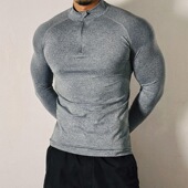 T恤男 弹力速干运动圆领休闲训练紧身修身 美式 无缝提花半拉链长袖