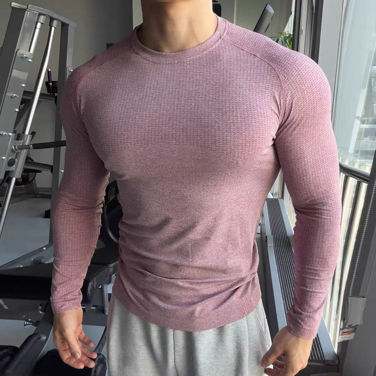 美式无缝提花运动T恤男长袖跑步训练健身衣服速干高弹紧身打底衫,运动服/休闲服装,运动T恤,淘宝优惠券,粉丝福利购,淘宝优惠卷