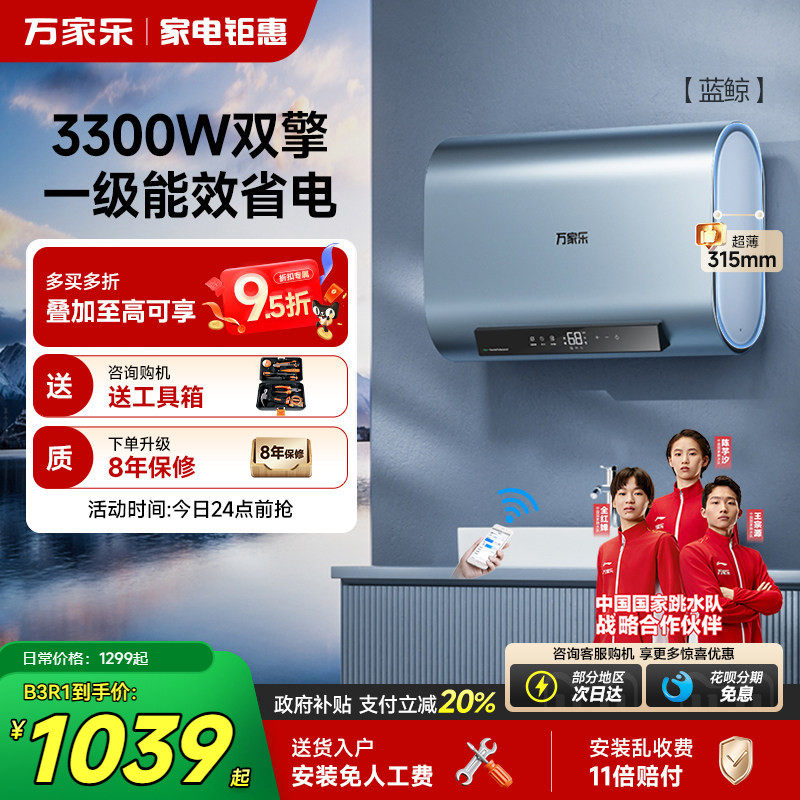 政府补贴万家乐电热水器扁桶双胆家用卫生间洗澡储水速热60升B3R