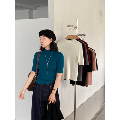 江左 黑标系列 100羊毛无缝一体打底衫气质简约半袖针织衫女