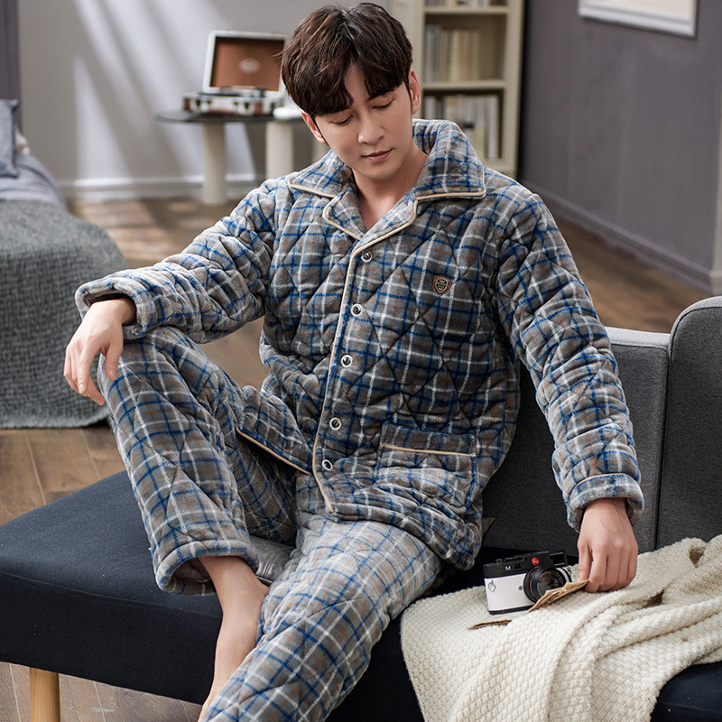 冬季三层加厚法兰绒夹棉睡衣男士加绒水晶绒家居服可外穿保暖套装