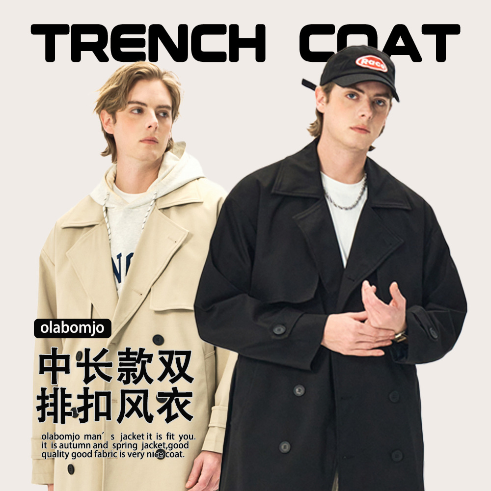 OLA秋季英伦风宽松中长款三三斜面料舒适潮流西服领时尚风衣外套