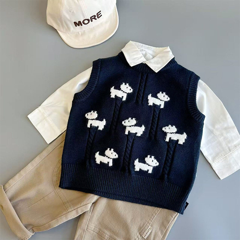 2026春季中小童韩版卡通小狗针织衫马甲新款洋气男女童毛衣背心潮