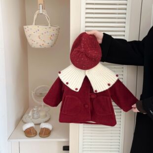 女童冬季红色毛呢大衣洋气小女孩娃娃领加绒小香风宝宝喜庆过年服