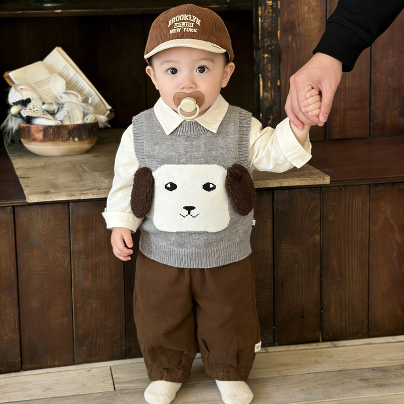 男童马甲三件套2026春秋装超萌婴儿可爱针织背心百搭衬衫休闲长裤