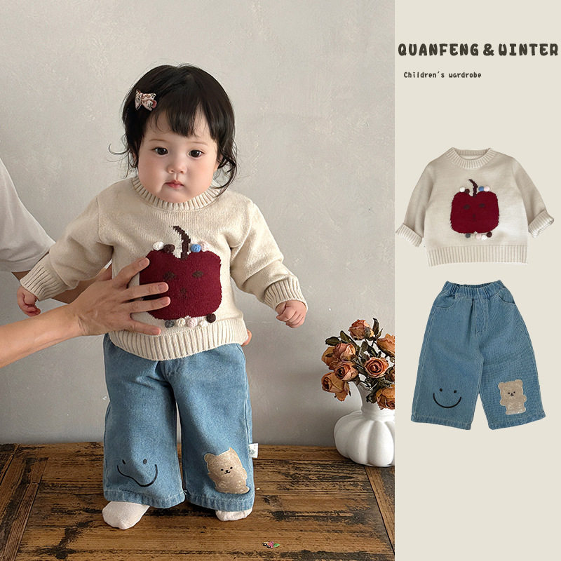 女童毛衣秋冬季套装韩系洋气宝宝软糯加厚针织衫婴幼儿直筒牛仔裤