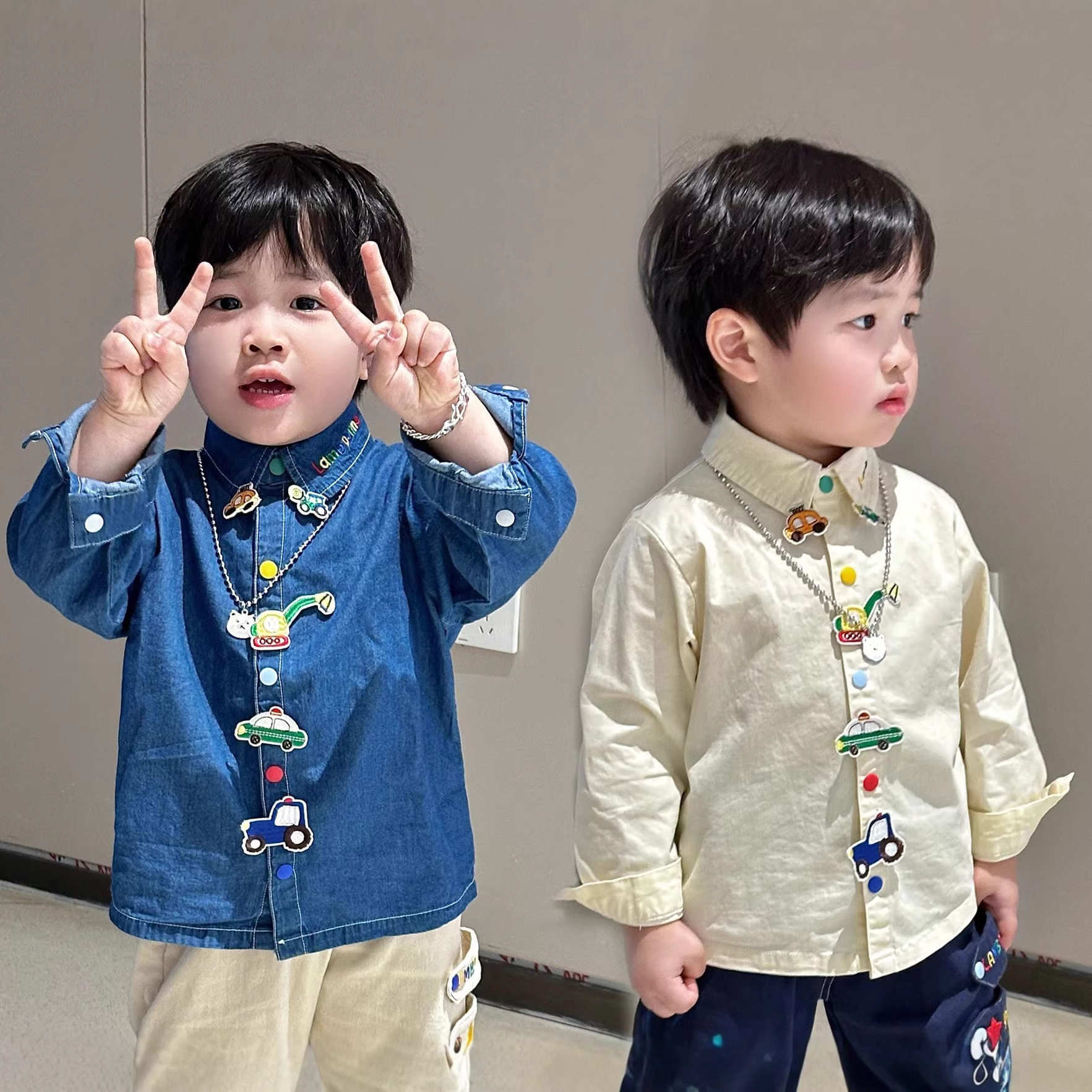 男童衬衫2026年春季新款现货中小童春装上衣卡通刺绣长袖男童衬衫