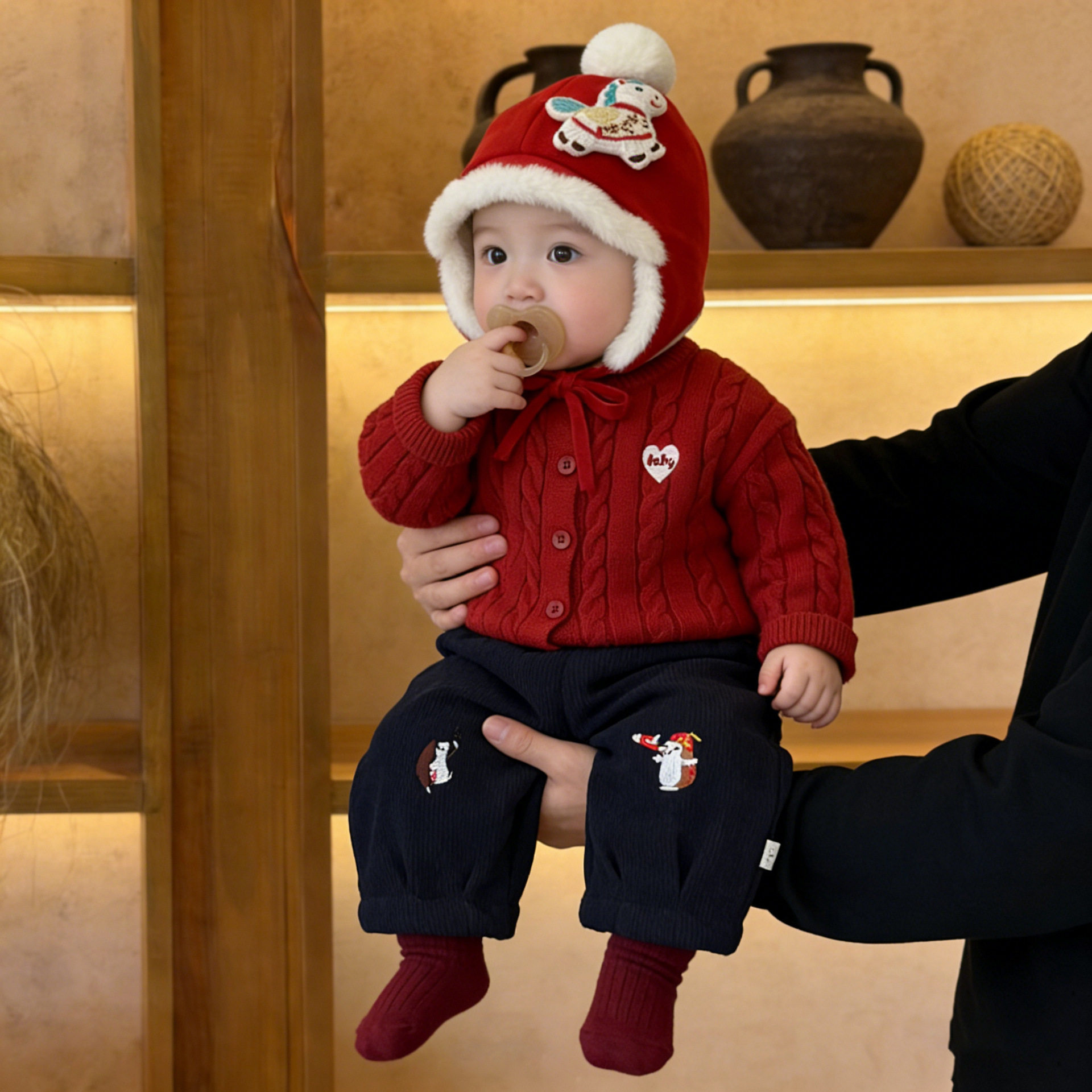 男宝宝过年服套装冬季婴幼儿衣服红色加厚毛衣小童保暖长裤拜年服