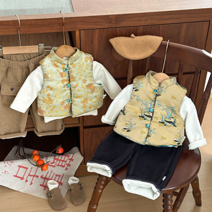 男童新中式加绒夹棉马甲外套秋冬季2025新款儿童宝宝拜年唐装坎肩