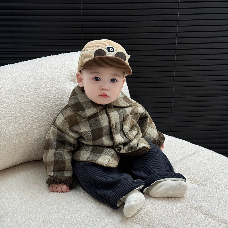 男童格子外套冬季加绒羊羔毛夹棉衣服洋气女宝宝保暖加厚毛呢童装