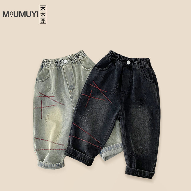 儿童裤子男童红线牛仔裤春秋款2026春季新款童装时髦宽松休闲长裤