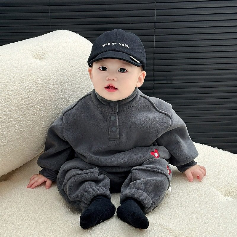 韩版男童冬季运动套装洋气女宝宝加厚保暖卫衣裤子时髦两件套冬天