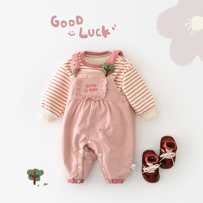 越己女宝宝秋冬装新款洋气宝宝加绒条纹卫衣婴儿背带裤爬服55500