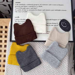 婴儿帽子春秋外贸宝宝猫耳朵男女宝宝毛线针织帽纯色光板秋冬季