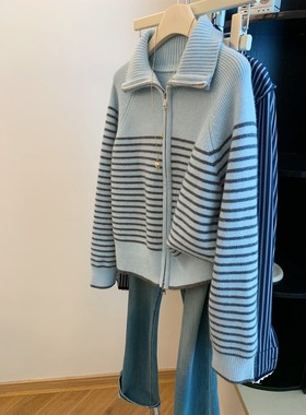 蓝色条纹针织开衫拉链外套翻领加厚毛衣女秋冬韩系慵懒高级感上衣