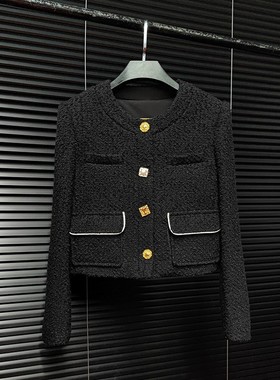 小香风圆领长袖高级感设计感气质短款黑色外套A60594