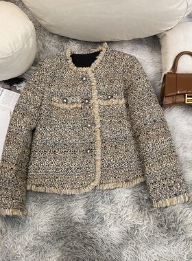 90国标白鸭绒！重工编织棕色纱线小香粗花呢羽绒外套~A72062