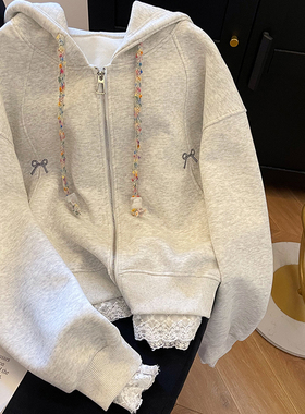 浅灰色刺绣蝴蝶结连帽开衫外套女2025春季新款韩系假两件卫衣帽衫