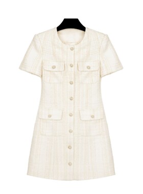 清仓捡漏~~杏色气质小香风粗花呢连衣裙女气质修身中长裙A70879