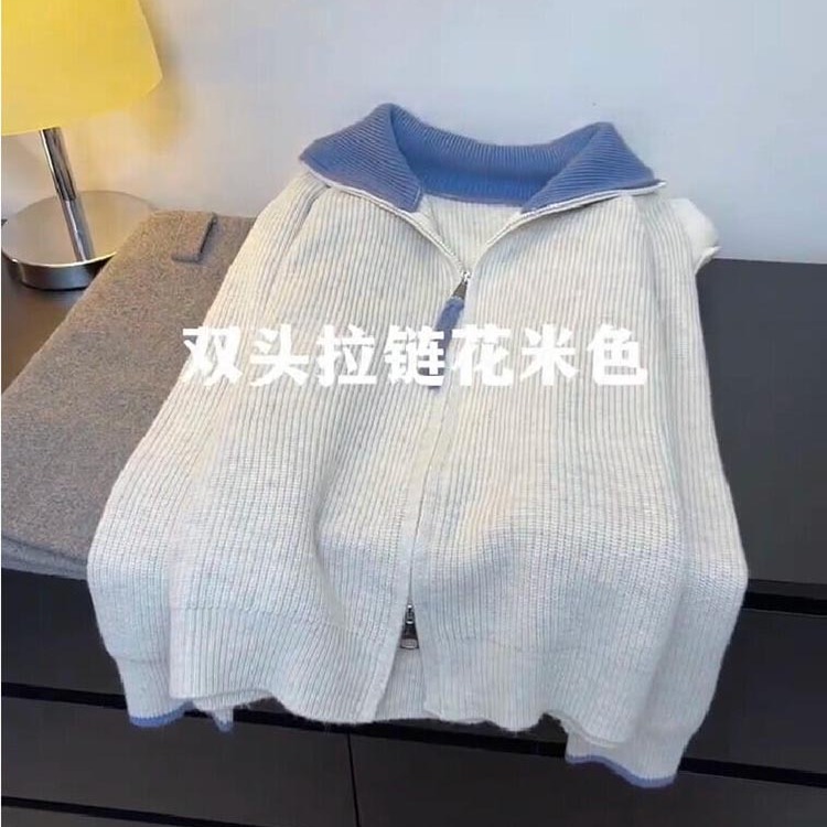 花米色双头拉链羊绒坑条毛衣女
