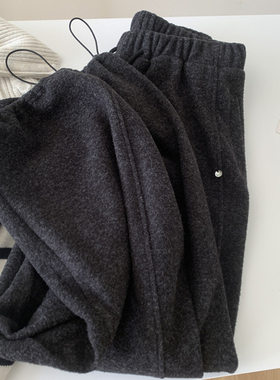 CHAO级推荐！深灰色糯米绒毛呢裤女冬季加绒保暖束脚两穿休闲裤子