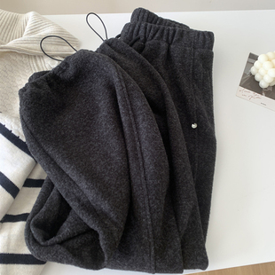 加绒保暖束脚两穿休闲裤 女冬季 子 深灰色糯米绒毛呢裤 CHAO级推荐