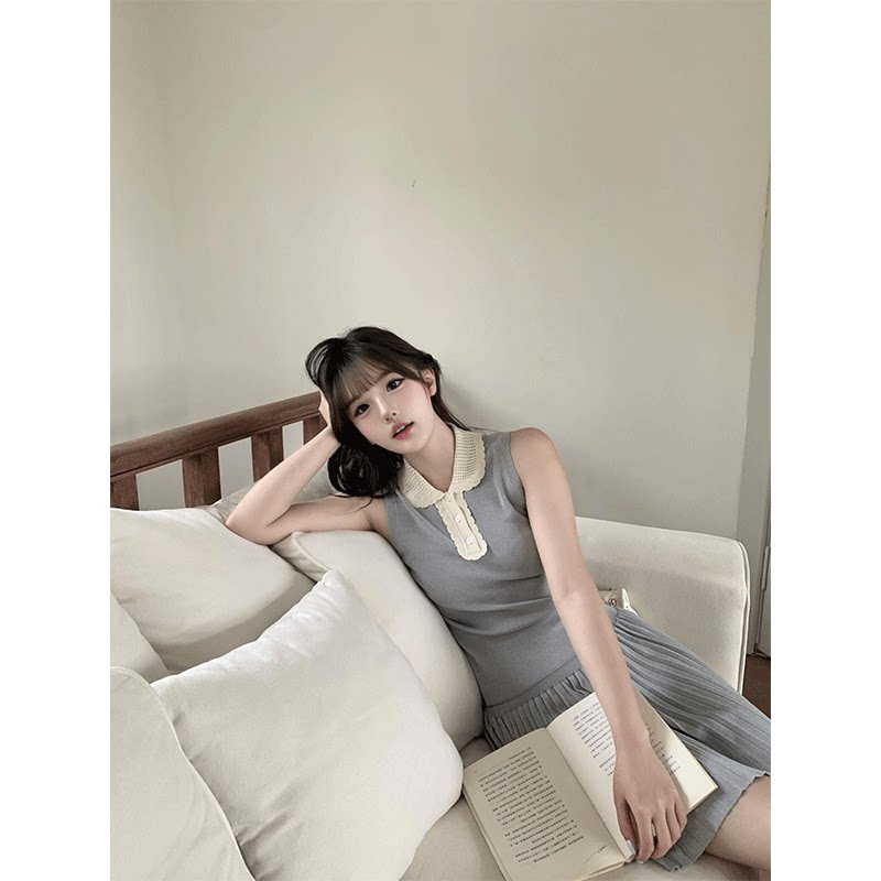 巨好看漂亮两件套装韩系无袖撞色娃娃领甜美少女减龄小裙子女夏季