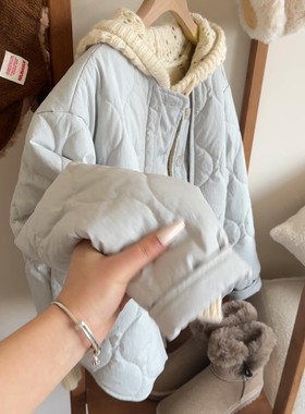 巨好看的~蓝色菱格纹小个子棉服女2025年冬季加厚保暖面包服外套