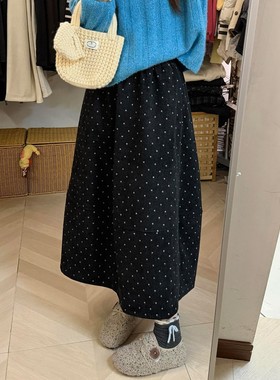 强烈推荐！复古波点毛呢半身裙女2025新款韩系百搭显瘦花苞长裙