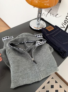 CHAN墙裂推荐！灰色双拉链拼接格纹连帽毛衣外套女冬慵懒宽松上衣