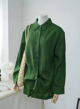 Kalman | 森系绿色亚麻衬衫套装登场!天然材质舒适宽松A75700