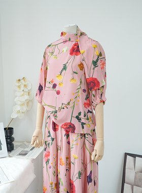 Kalman | 文艺气质夫人!衬衫花朵印花双皱真丝100%套装A01555