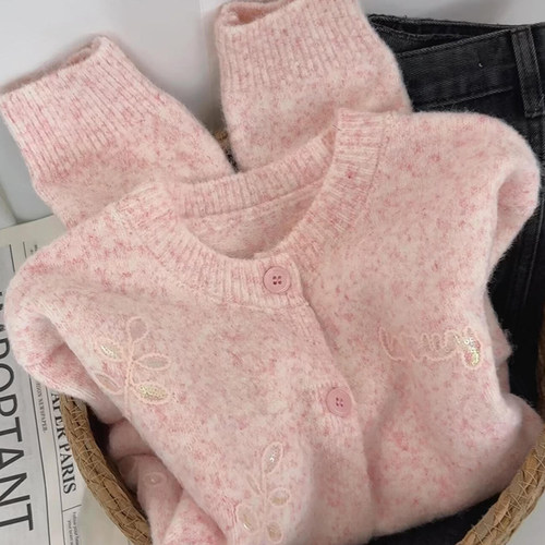 粉色刺绣山羊绒针织开衫女