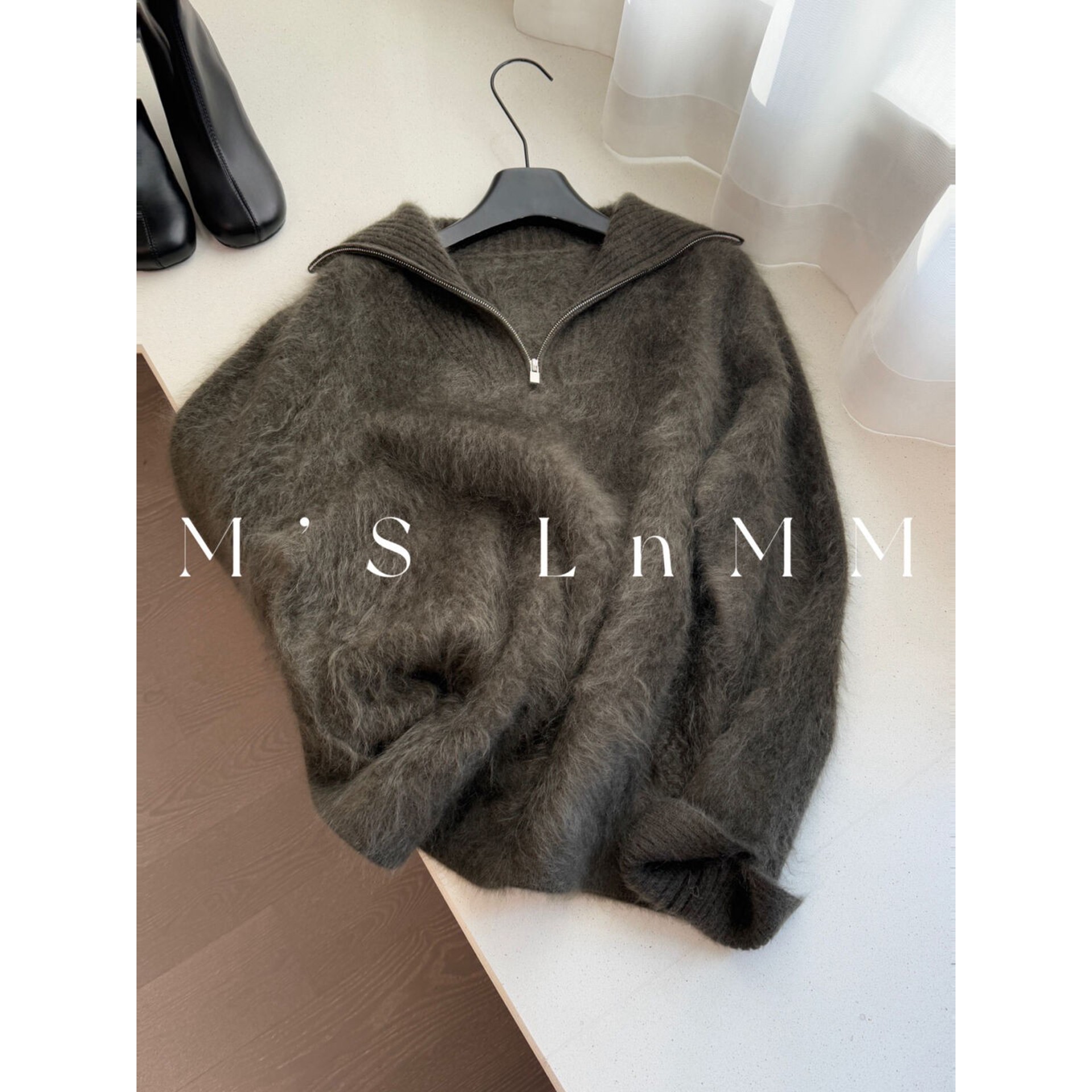 老钱风咖绿色山羊绒拉绒毛衣女