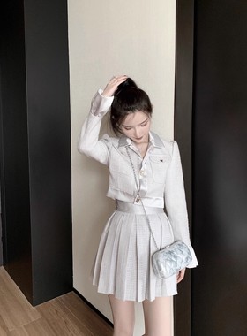 Kalman | 气质淑女灰白色编织纹衬衫短裙套装A50649