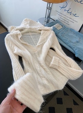 CHAO级推荐~杏色蕾丝拼接连帽针织衫女2025年韩系高级感羊绒上衣