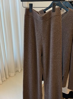 琥珀流光风~咖色羊毛针织阔腿裤女2025年软糯垂感休闲加厚直筒裤