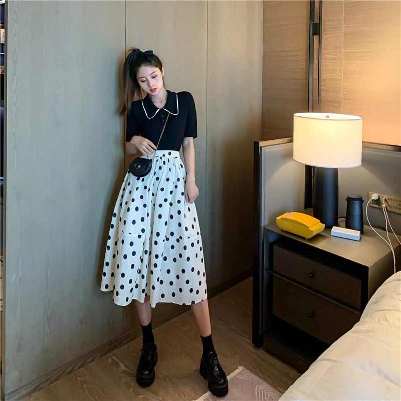 Real price real shot light ripe retro baby collar half sleeve T-shirt + Polka Dot half length skirt two piece set