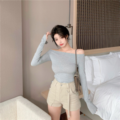 Real price real beat one shoulder top women's long sleeve bottoming shirt sexy off shoulder sweater slim T-shirt