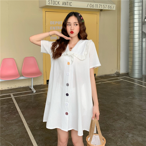 Real-price Lotus Leaf Turn-lapel Pure-color Loose Baitao Skirt Korean Edition Short-sleeved Single-row Button Dresses