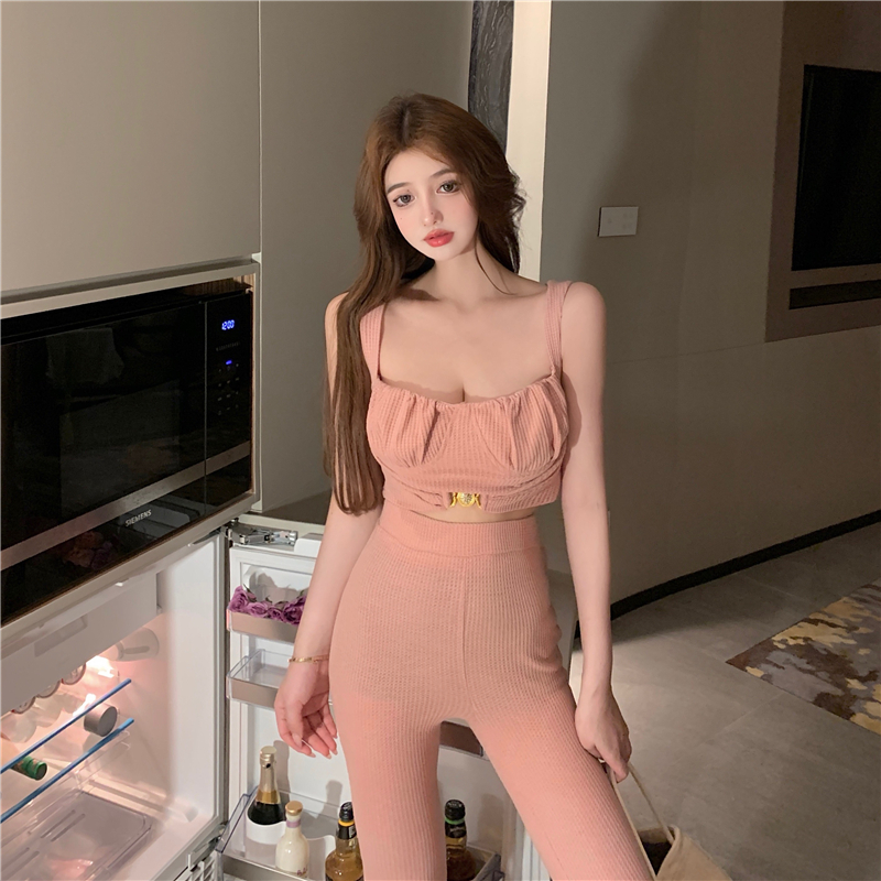 Real price real shot show figure suit Slim small sling Vest + high waist peach hip wide leg pants suit