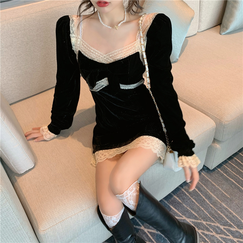 Real price real shot velvet dress women's long sleeve retro little black dress design sense temperament black skirt