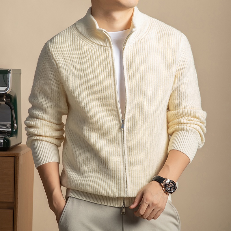 100%羊毛衫时尚开衫男士加厚立领毛衣针织衫中年宽松男装拉链外套