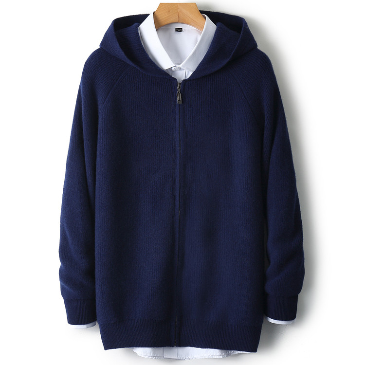 皮尔卡丹冬季纯羊绒开衫男帽衫拉链加厚毛衣宽松大码羊毛针织毛衣