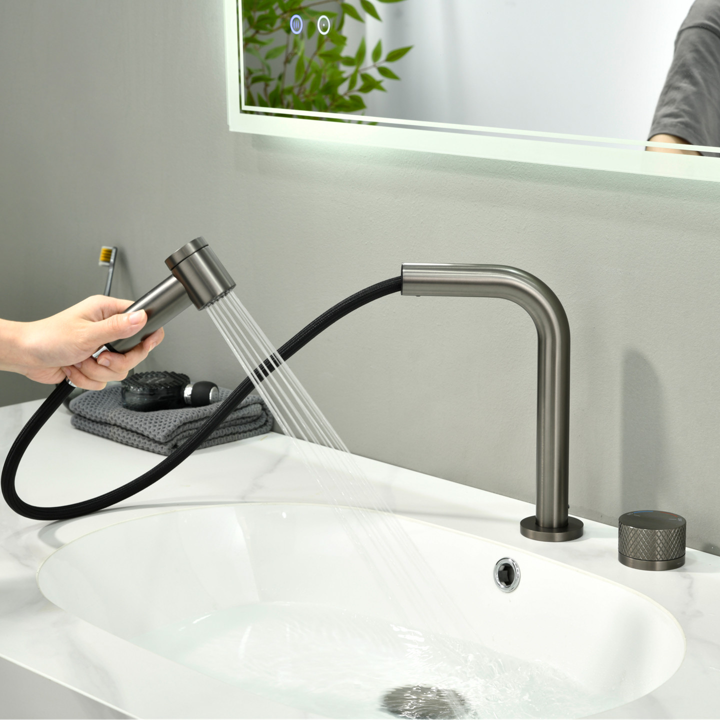 全铜面盆双孔抽拉分体式冷热水龙头洗手盆洗漱台家用卫生间洗脸盆