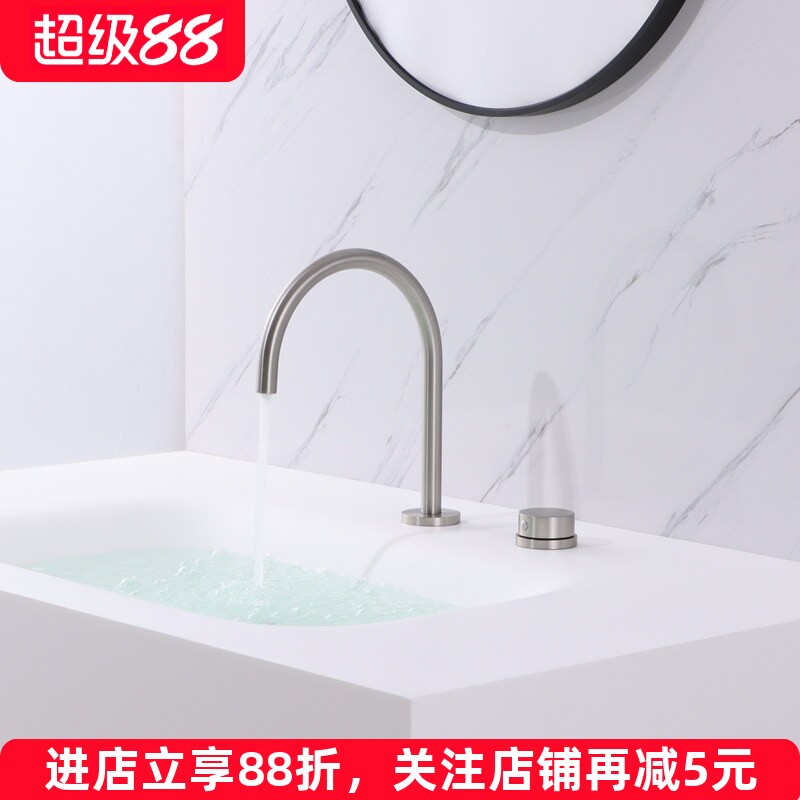全铜镍拉丝双孔分体式面盆冷热水龙头拉丝银双开关三孔洗脸盆旋转