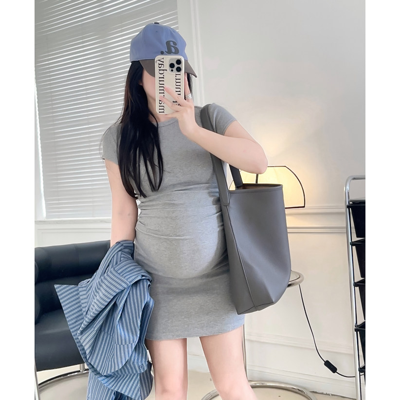 엔젤마미 임산부복 여름 신작 스트레치 플리츠 반팔 티셔츠 원피스+스트라이프 셔츠 투피스 세트