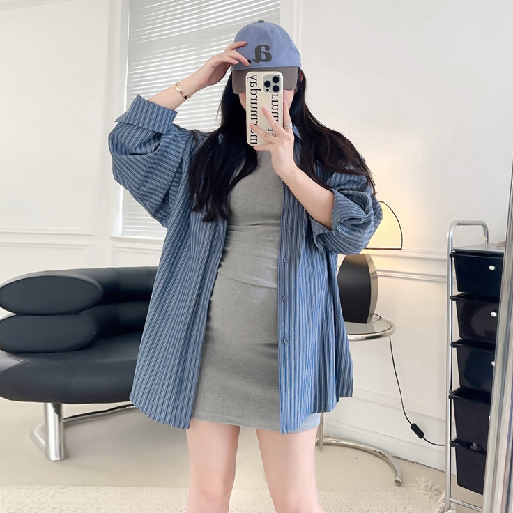 엔젤마미 임산부복 여름 신작 스트레치 플리츠 반팔 티셔츠 원피스+스트라이프 셔츠 투피스 세트