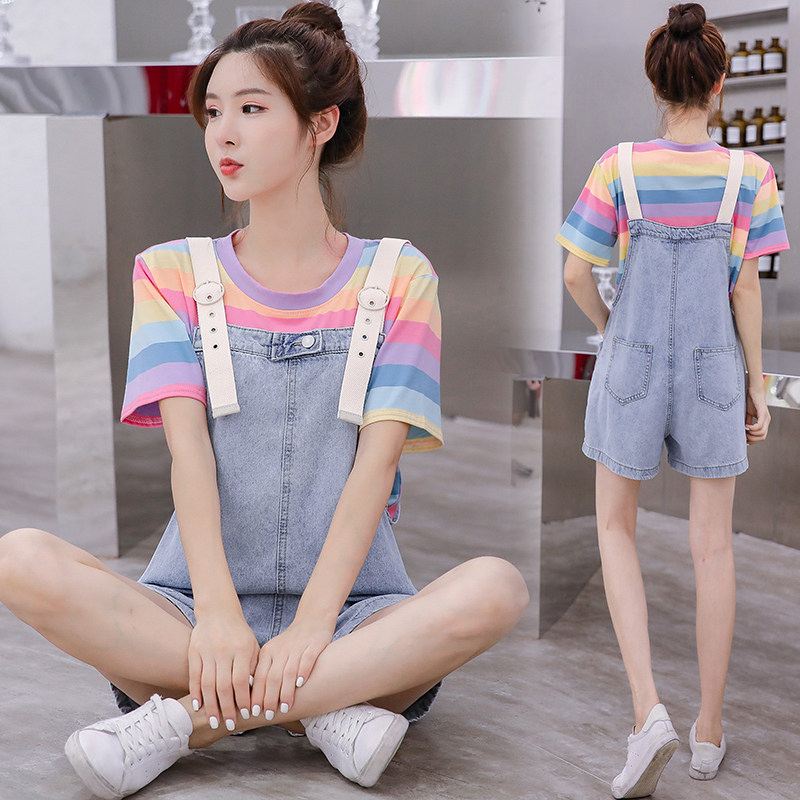 pregnant woman fashion suit 2019 new pattern Summer wear T-shirts Rainbow stripe T-shirt jacket Denim overalls Two piece setin the Maternity/Maternal supplies/Nutrition , Maternity , Set  category - from Buy2taobao.com to provide professional Taobao agent buy service