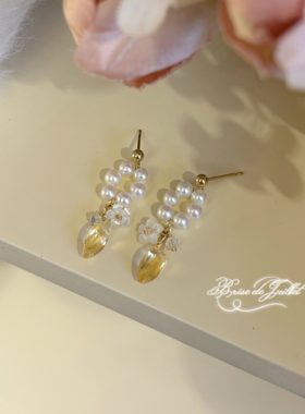 精致可爱黄水晶珍珠耳环